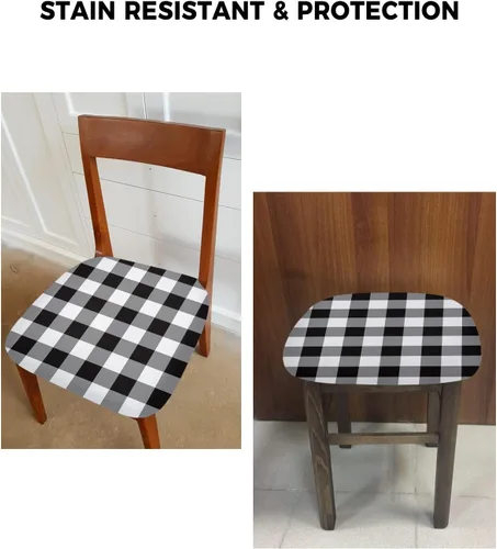 Miniatura 6 de Juego de 6 fundas para asiento de silla de comedor, diseño clásico a cuadros blancos y negros, decoración navideña, extraíble, elásticas, fundas