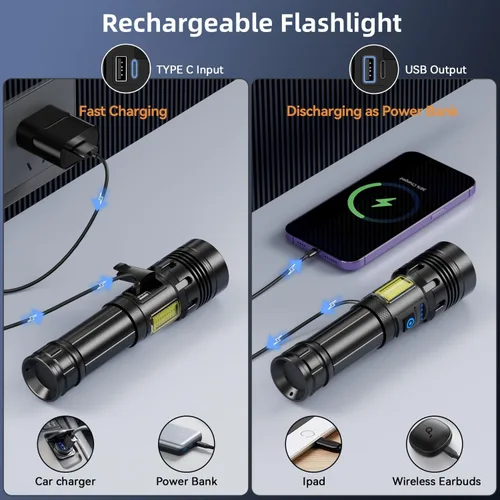 Miniatura 5 de Linterna Wohingo Recargable 2000 Altos Lúmenes IPX6 Impermeable Super Brillante con 7 Modos y Luz Lateral COB, Luz de Mano Ampliable Más Brillante