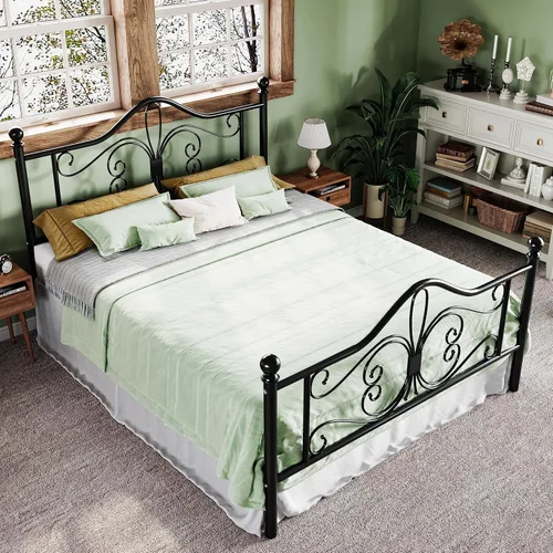 Miniatura 8 de Allewie Base de cama de tamaño matrimonial con cabecero, marco de cama de metal con cabecero y estribo de diseño de mariposa, no necesita somier