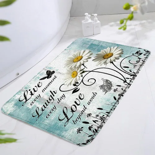 Miniatura 3 de Tapete de baño rústico con diseño floral de margaritas, flores y mariposas, citas inspiradoras de primavera, granja, madera, turquesa, azul, tapete