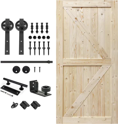 Miniatura 35 de S&Z TOPHAND 20 pulgadas x 84 pulgadas. Puerta de granero anudada británica sin terminar con kit de herrajes deslizantes de 4 pies/madera