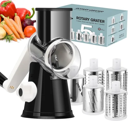 Ourokhome rallador giratorio de queso con manivela manual, triturador de cocina con rebanador de mandolina de velocidad y raspador de hielo con Negro