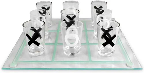 Miniatura 2 de Matty's Toy Stop Tic-Tac-Toe, juego de beber tres en una fila con 9 vasos de chupito y tablero de juego de vidrio (10 x 10 pulgadas)