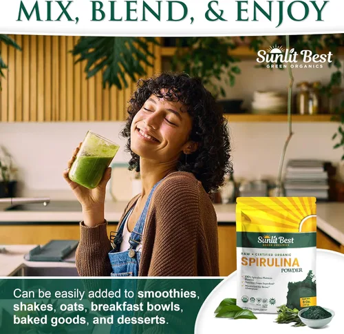 Miniatura 5 de Sunlit Best Polvo de Espirulina Orgánica USDA - Clorofila, Absorción Rápida, Alga Espirulina Azul-Verde, Proteína Cruda Vegana - Sin OMG