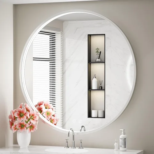 Miniatura 15 de Espejo de baño LED redondo de 36 pulgadas, espejo de tocador antivaho regulable con control táctil, luz natural de 6000 K, marco de metal negro