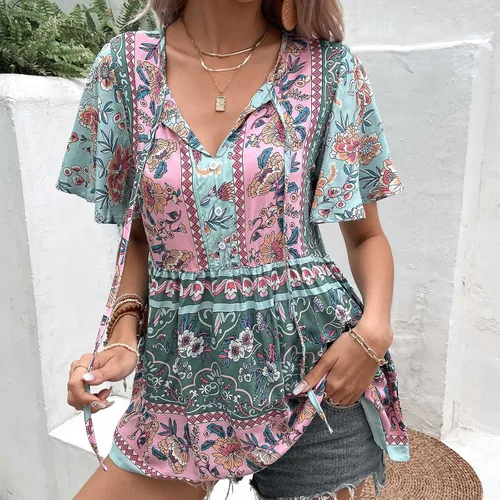 Miniatura 8 de Womens Shirts Dressy Casual 2023 Bohemian Flowy Streetwear Blouses Trendy Tops Short Sleeve Blouses