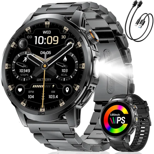Reloj inteligente militar para hombre, responder/hacer llamadas, reloj inteligente resistente HD de 1.85 pulgadas con batería de 1000 mAh, linterna,