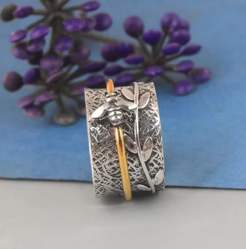 Miniatura 6 de Anillo giratorio de plata de ley con diseño de hoja de meditación de abeja de miel y abeja