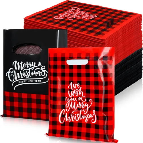 Sadnyy Paquete de 100 bolsas de plástico para regalo de Navidad, a granel, pequeñas bolsas de compras de Feliz Navidad, mercancía gruesa impresión