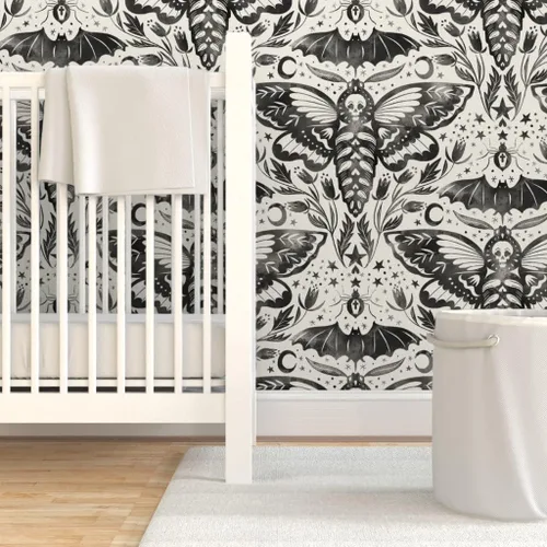 Miniatura 6 de Muestro de papel tapiz extraíble – Acuarela Cráneo Polilla Damasco Negro Blanco Flor Estrellas Elegante Tinta Magia Papel pintado personalizado