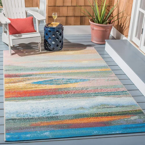 Miniatura 3 de SAFAVIEH Alfombra lavable para exteriores, colección Barbados, 8 x 10 pies 5 pulgadas, azul claro y rosa, no desprende pelusa y fácil de limpiar
