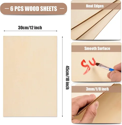 Miniatura 2 de Paquete de 6 hojas de madera de tilo de 12 x 18 x 1/8 pulgadas a 0.118 in de madera contrachapada sin terminar para manualidades, tableros de madera