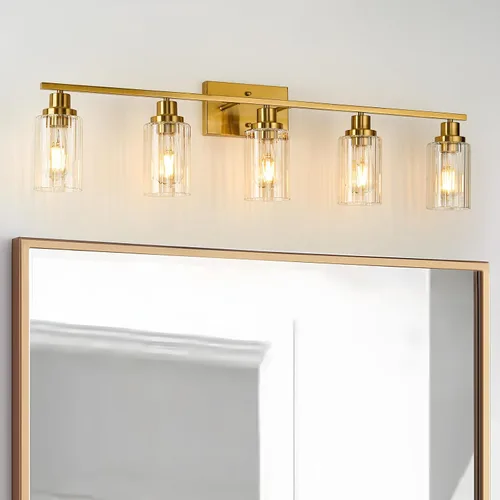 Miniatura 13 de Jonsi Accesorios de iluminación de baño dorados, 2 luces de tocador de oro cepillado con pantalla de vidrio estriada, luces modernas sobre espejo