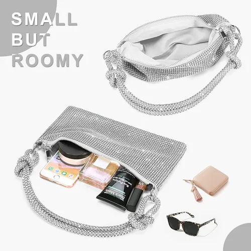 Miniatura 3 de Monederos con diamantes de imitación para mujer, elegante bolso de noche brillante, bolso de mano plateado brillante para fiesta