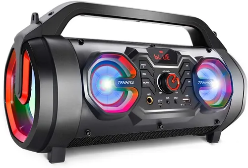 Miniatura 9 de Altavoz Bluetooth, Boombox Bluetooth portátil de 30 W con subwoofer, radio FM, luces coloridas RGB, ecualizador, sonido estéreo, graves potentes