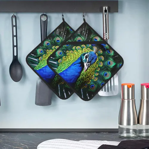 2 soportes para ollas para cocina, resistentes al calor, almohadilla caliente de pavo real azul, lavables, para cocinar, salvamanteles cuadrados