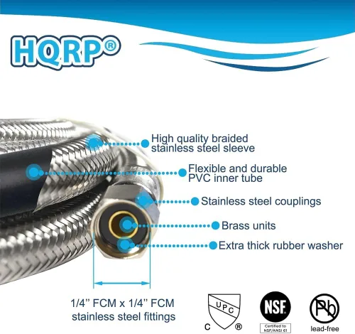 Miniatura 2 de HQRP Línea de agua para refrigerador de 6 pies – Línea de suministro de acero inoxidable trenzado para máquina de hielo – 1/4 de pulgada Comp x 1/4