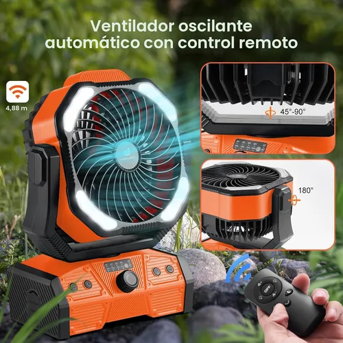 Miniatura 6 de Odoland Ventilador de camping de 40,000 mAh con luz LED, ventilador de escritorio oscilante a batería con control remoto y gancho, ventilador Naranja