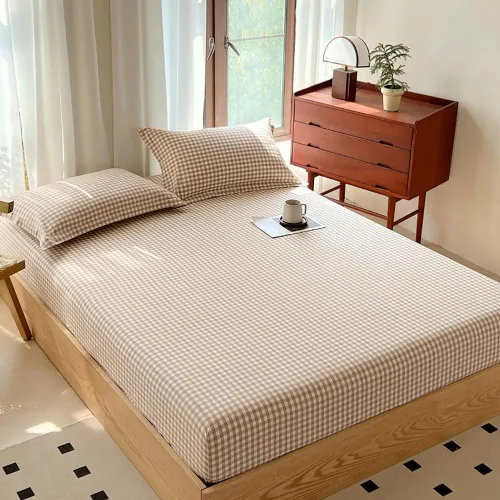 Miniatura 5 de Sábana bajera ajustable de algodón lavado 100% en color topo con diseño Gingham para cama queen, con bolsillo profundo de 15 pulgadas, sábana bajera