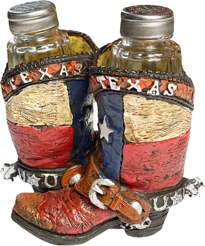 Urbalabs - Botas de cerámica con bandera de Texas, salero y pimentero occidental, carrito, granja, mesa de comedor, cocina, decoración de encimera,
