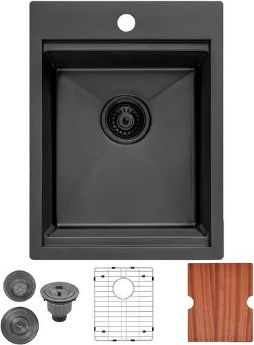 Fregadero de Barra Negro de Montaje Inferior, Fregadero de Cocina de Acero Inoxidable de 15x20 Pulgadas, Estación de Trabajo de Montaje Superior