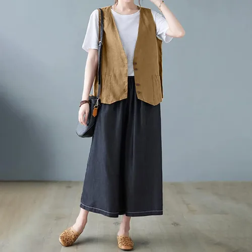 Miniatura 27 de COTECRAM Chaleco de lino de algodón para mujer, casual, sin mangas, con botones, ligero, para verano, holgado, ropa de abrigo
