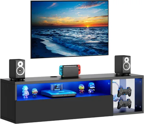 Miniatura 8 de SogesPower Soporte flotante para TV montado en la pared con luces, soporte de TV LED, centro de entretenimiento flotante con almacenamiento