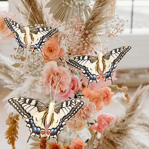 Miniatura 3 de Juego de 12 decoraciones de mariposa de plumas y mariposas multicolores, mariposas papilio machaon en alambre. Decoración del hogar de primavera