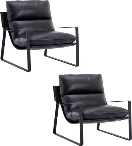 Miniatura 13 de HEAH-YO Juego de 1 silla moderna de piel sintética con cojín extraíble y marco de metal sólido, cómoda silla de lectura para dormitorio, color negro