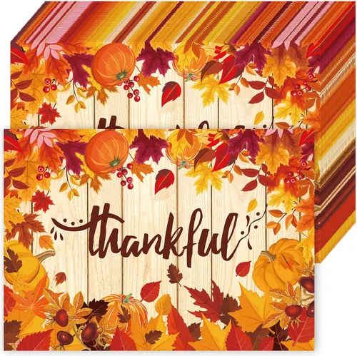 Whaline 100 manteles individuales de papel de Acción de Gracias, hojas de calabaza, desechables, manteles individuales decorativos de otoño, 14 x