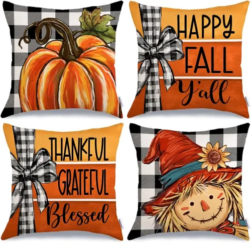 Miniatura 12 de GEEORY Juego de 4 fundas de almohada de otoño de 18 x 18 pulgadas, diseño de calabazas y tarros de masón, decoración agradecida, fundas de cojín
