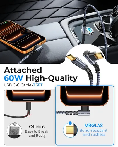 Miniatura 3 de MRGLAS Cargador de coche rápido para iPhone 17/16 de 90 W, cargador de coche USB C con cable tipo C, PD45W y QC45W, ajuste empotrado, todo metal