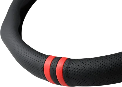 Miniatura 3 de Instalación rápida Funda de volante de cuero Nappa perforado con estilo deportivo y rayas rojas, ajuste universal de 14½" a 15" para automóvil, SUV