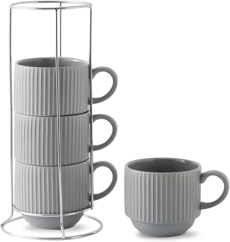 Hasense Juego de tazas de café, juego de 4 tazas de té apilables con soporte - Juego de tazas grandes de cerámica acanaladas de 15 onzas para latte,