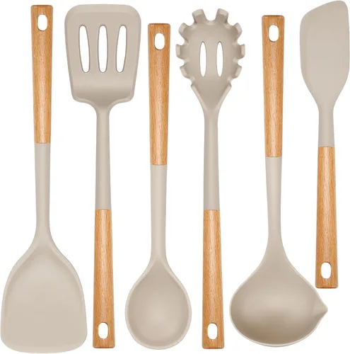 NCUE Juego de Utensilios de Cocina, Juego Grande de Utensilios de Cocina de Silicona Antiadherente de 6 Piezas, Mango de Madera Resistente al Calor