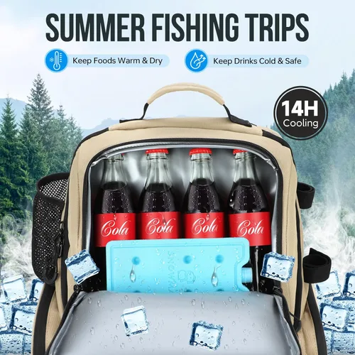 Miniatura 2 de PLUSINNO - Mochila de pesca con portacañas y enfriador de 45L, mochila grande resistente al agua para aparejos de pesca, ideal para guardar