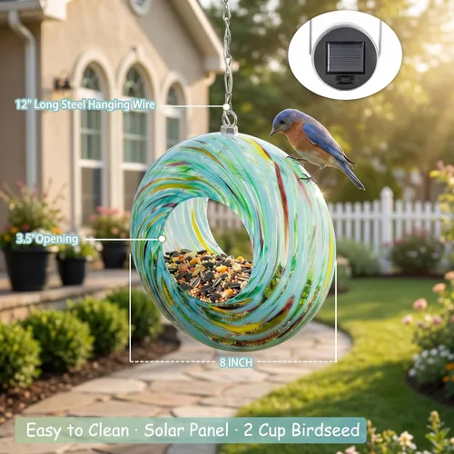 Miniatura 3 de Yinns Comederos de vidrio para pájaros colgantes en el exterior, comedero para pájaros con forma redonda solar para decoración de jardín de patio