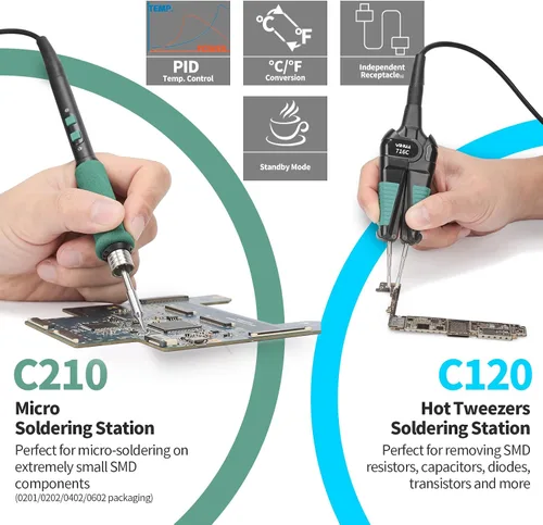 Miniatura 3 de YIHUA 948D V Estación de Retrabajo de Aire Caliente Micro Soldadura 5 en 1 con Herramienta de Microsoldadura C210, Pinza de Soldadura de Aire