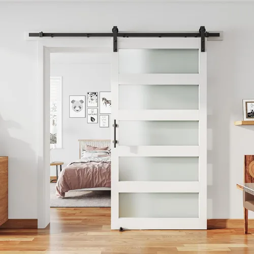 Miniatura 15 de Puerta de granero de vidrio de 32 x 84 pulgadas y kit de herrajes de 6 pies incluido, losa de puerta de granero blanco MDF con vidrio esmerilado