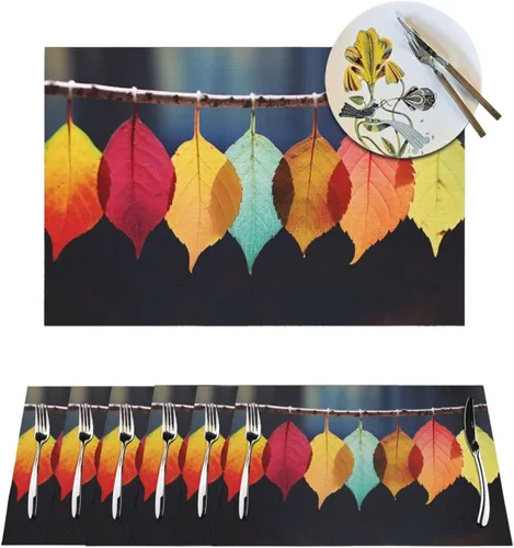 6 PCS PVC Placemats Set Place Mats Colorful Leaves Non-Slip Weave Place Mats 12" x 18" Farmhouse Durable Table Mat Set for Family Dinners Wedding