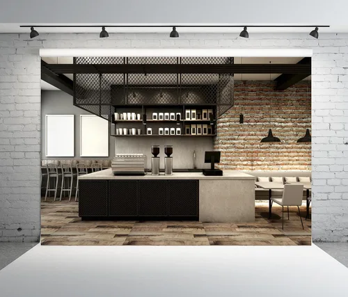 Miniatura 2 de BELECO Telón de fondo de tela de 5 x 3 pies para fotografía, diseño moderno de loft, luces interiores de mostrador, decoración de pared de ladrillo