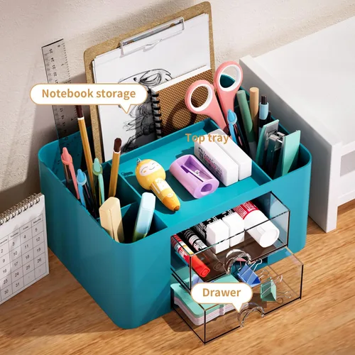 Miniatura 2 de Marbrasse Organizador de bolígrafos con 2 cajones, portaplumas multifuncional para escritorio, organizadores de escritorio y accesorios con 5