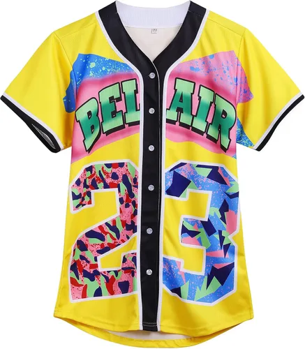 Ropa de los años 90 para mujer, traje unisex de hip hop para fiesta, camiseta de béisbol Bel Air, camisa de manga corta con botones