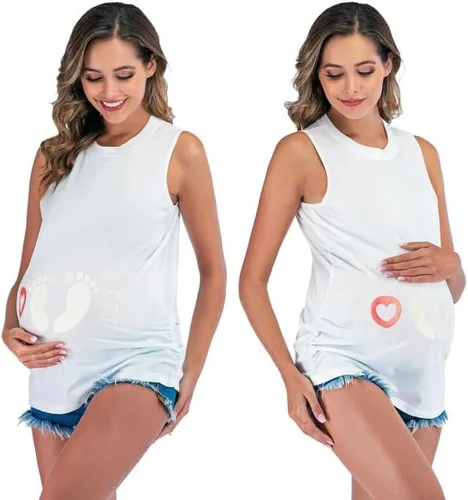 Miniatura 4 de Ropa de maternidad para mujer, serie Little Feet Series, camisetas sin mangas con cuello redondo, ajuste holgado, blusa tipo túnica con estampado