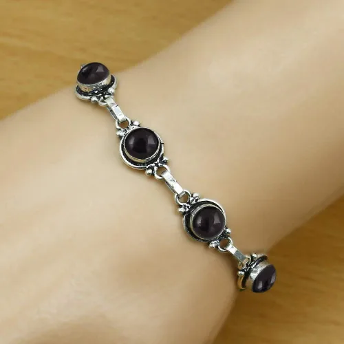 Miniatura 12 de Round Shape Natural & Synthetic Gemstones Silver Plated Bracelets for Women - Vintage Bohemian Style Handmade Birthstone Adjustable Link Bracelet