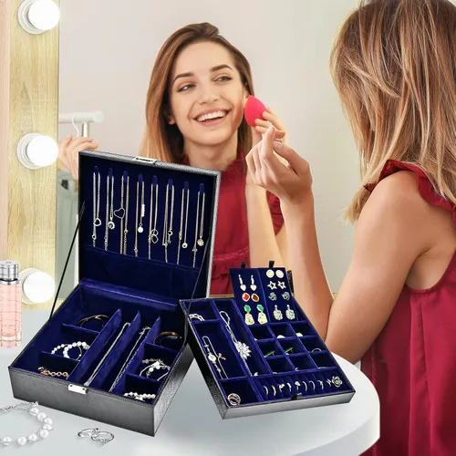 Miniatura 6 de ProCase Joyero para mujer, 2 capas de cuero grande, organizador de joyas, estuche de almacenamiento con almohadilla extraíble para aretes