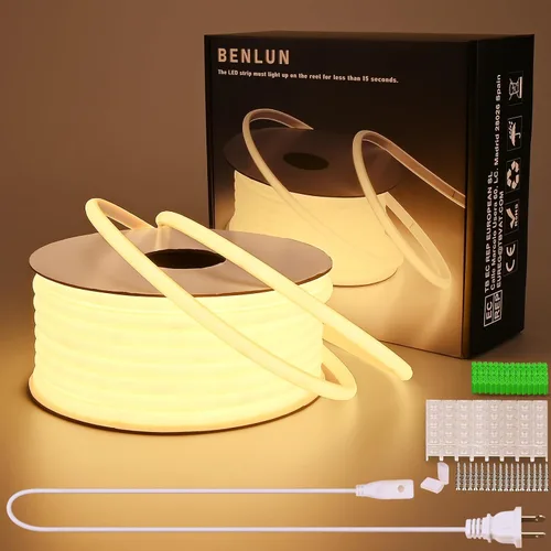 BENLUN Tiras de Luces LED COB AC 110V de 98.4 pies, 3000K Luz de Cuerda LED Blanca Cálida para Exteriores Impermeable, 10W/M CRI 90+ Flexible Blanco