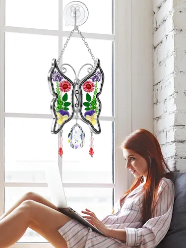 Miniatura 9 de KY&BOSAM - Atrapasoles de mariposa para mamá, regalos de cristal para ventanas, carillón de viento con alas de flores prensadas auténticas con dije