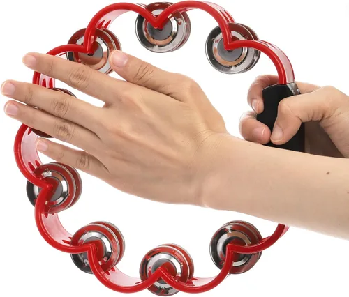 Miniatura 5 de Okllen Paquete de 4 panderetas de percusión de mano de doble fila, jingles de metal, campanas de pandereta, instrumento musical para adultos