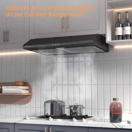Miniatura 6 de Campana extractora negra para debajo del gabinete de 30 pulgadas, campana extractora de cocina delgada de acero inoxidable convertible